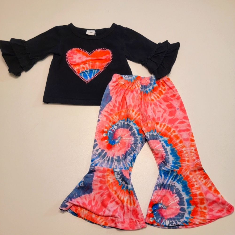 PatPat 3-6 month tie dye frill sleeve bell bottom matching outfit